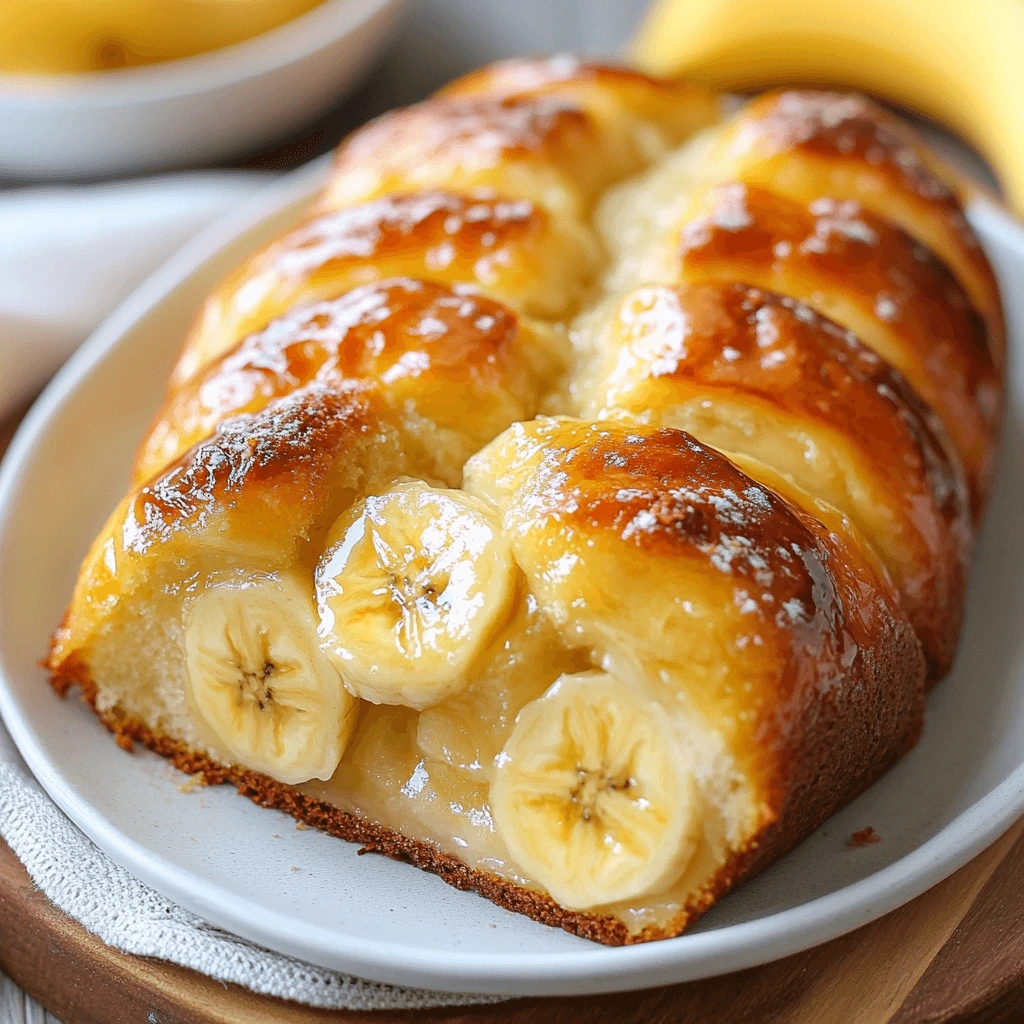 Freshly baked banana bread topped with glossy caramelized banana slices on a white plate.