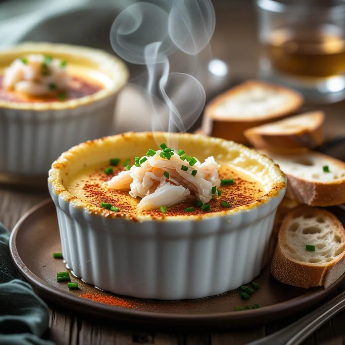 A steaming hot crab brûlée served in a white ramekin, topped with fresh crab meat, chives, and a dusting of paprika, accompanied by toasted baguette slices.