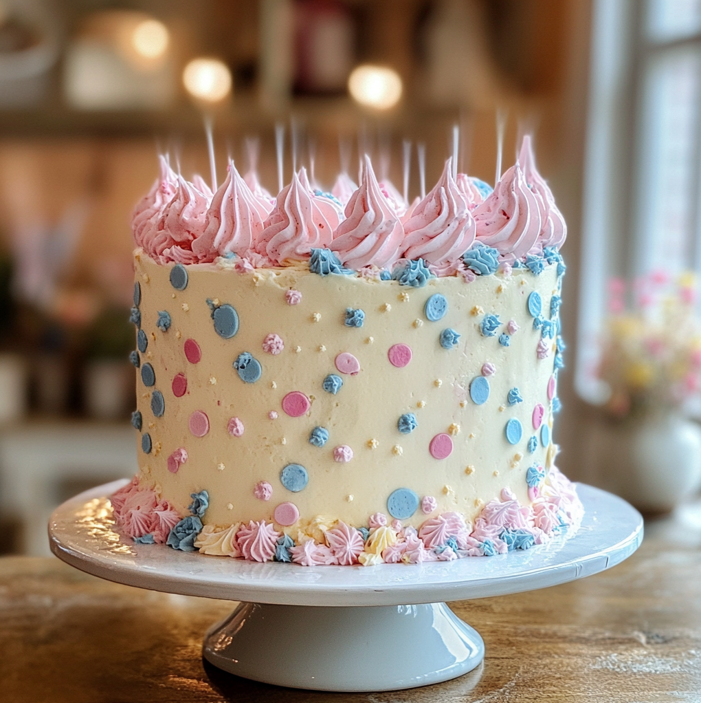 A charming gender reveal cake decorated with pastel pink and blue buttercream dots, swirls, and a smooth cream-colored frosting, displayed on a white cake stand