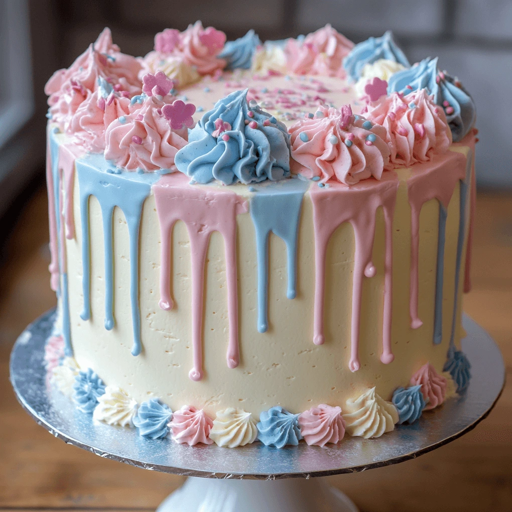 A beautifully decorated gender reveal cake with pastel pink and blue drip frosting, topped with swirls of matching buttercream and colorful sprinkles, sitting on a white cake stand