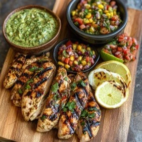 Grilled chicken tenders served on a wooden board with fresh salsa, creamy green sauce, and lime slices.