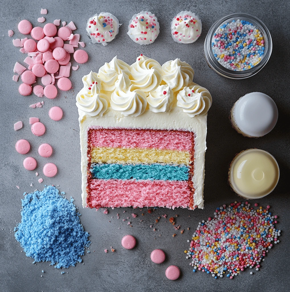 A beautifully decorated gender reveal cake with pink and blue frosting, topped with a question mark, and a slice revealing a pink inner layer for a baby girl