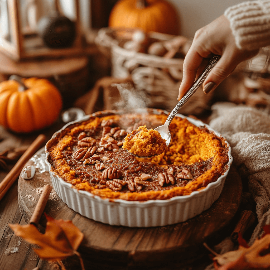 Freshly baked pumpkin dump cake topped with pecans, with steam rising as a spoon scoops out a warm serving, set in a cozy fall-themed kitchen.