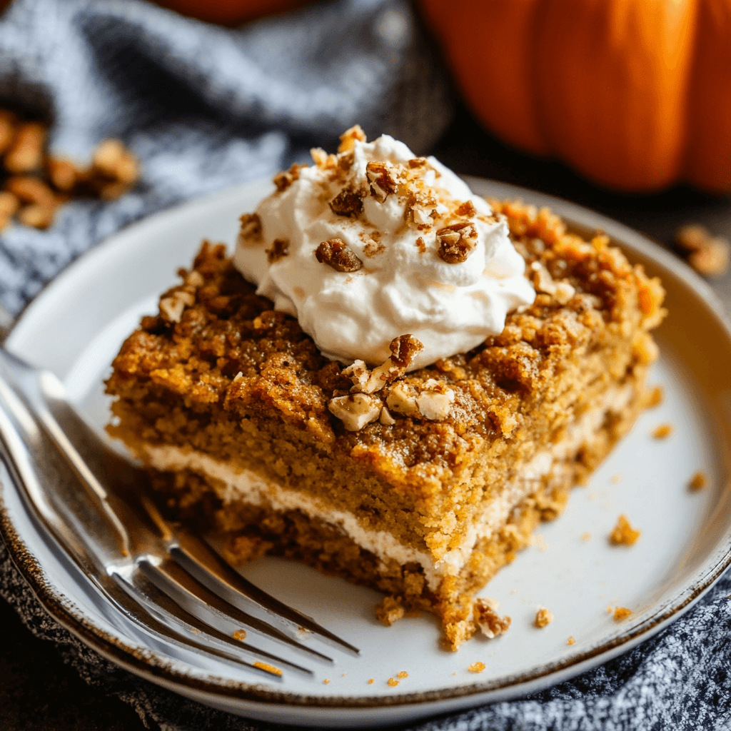 A slice of pumpkin dump cake topped with whipped cream and chopped pecans on a plate with a fork, surrounded by fall-themed decor.