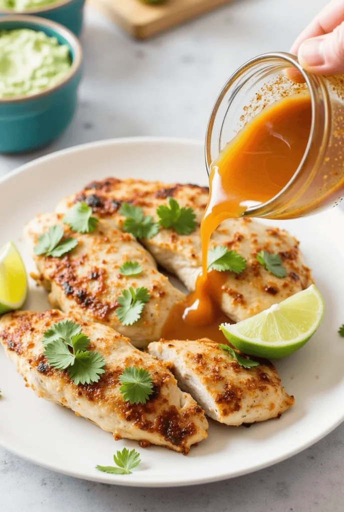 A plate of grilled chicken garnished with cilantro and lime wedges, with orange sauce being poured from a glass jar.

